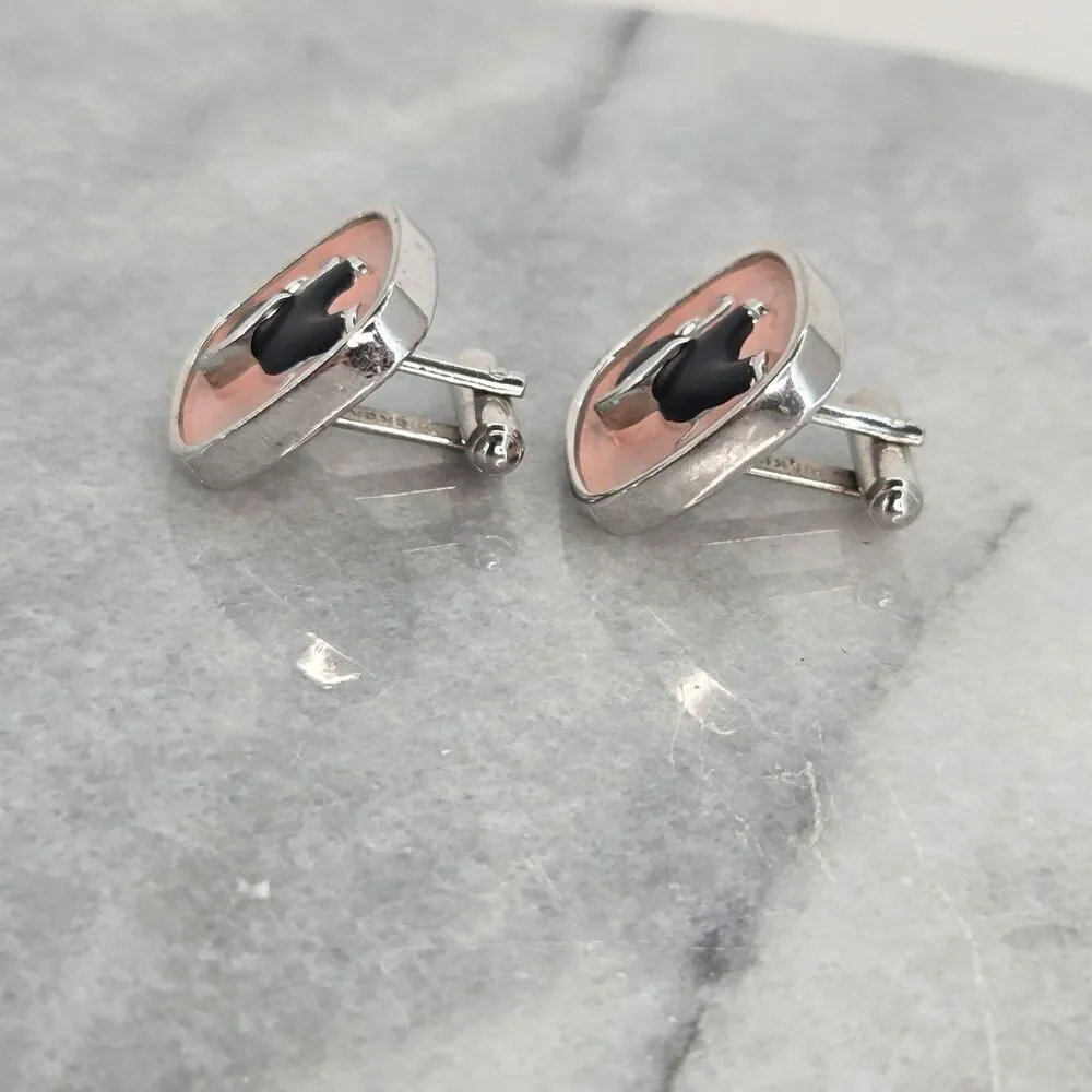 Pink Enamel Black Elephant Cufflinks Mens Silver Tone Bullet Back Dress Set